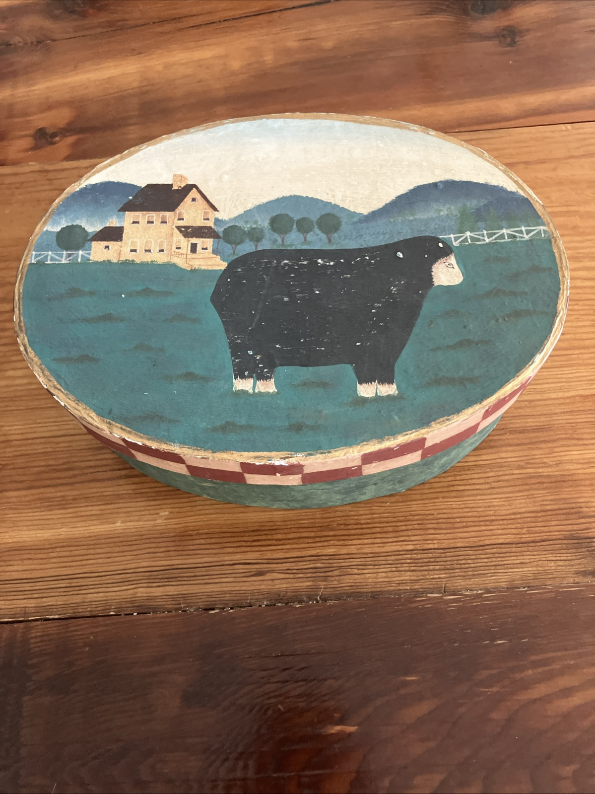 Vintage Hand-Painted Papier-Mâché Shaker Jewelry Box with Farmhouse Sheep Design  