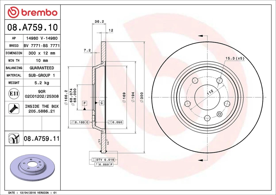 2x Brake Discs Pair Solid Rear 300mm 08.A759.11 Brembo Set 8K0615601B 8K0615601J - Image 3 of 4