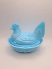 Fenton - Blue & White Milk Glass Slag 5.5"  Hen on Nest - HON