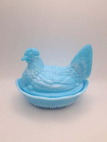 Fenton - Blue & White Milk Glass Slag 5.5"  Hen on Nest - HON