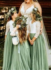 Flower Girl Photo Shoot Formal Dress White Lace Green Tulle Low Back Beautiful 