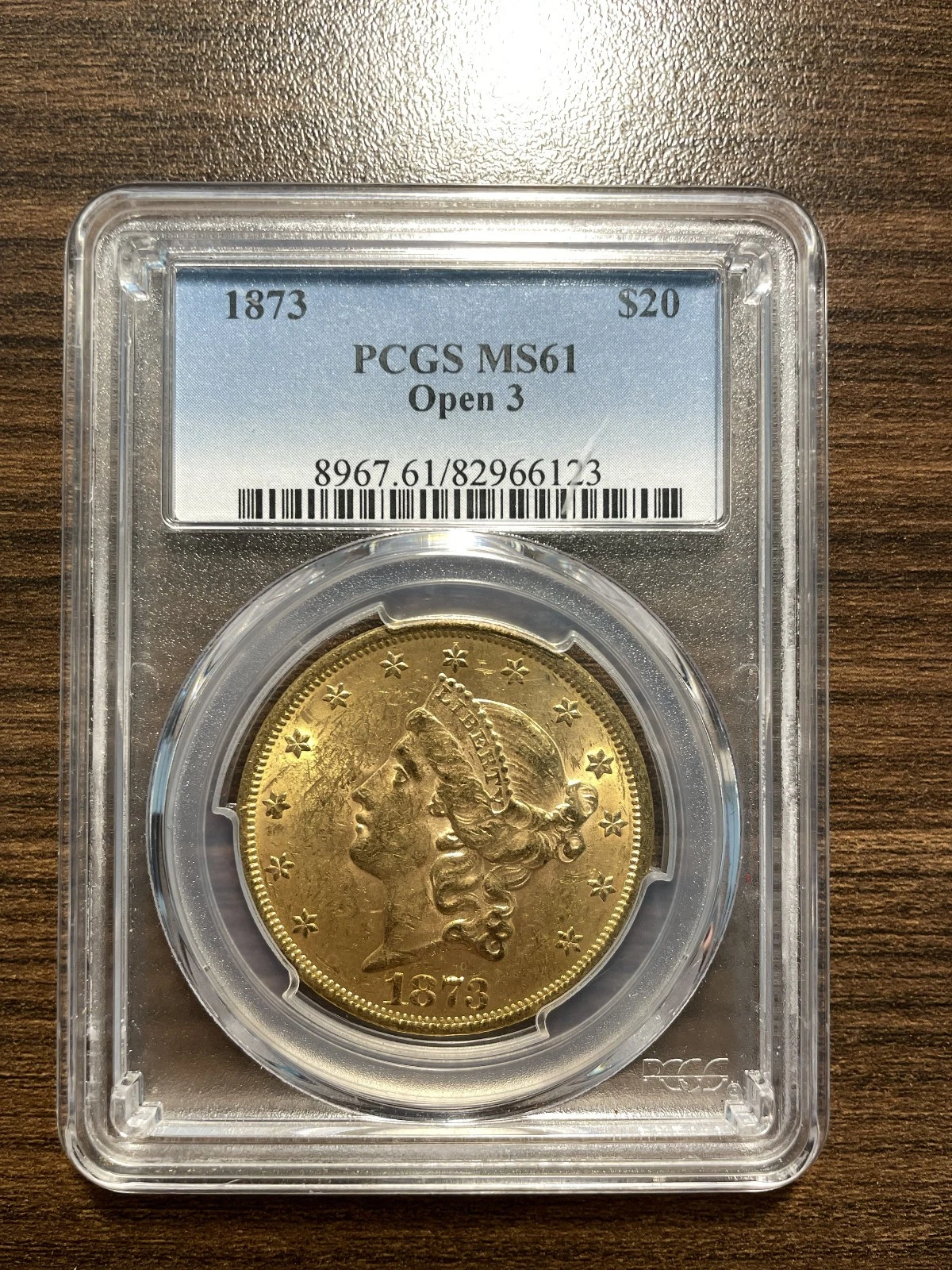 1873-P Open 3 Three Liberty Head $20 Twenty Dollar Gold Double Eagle PCGS MS 61