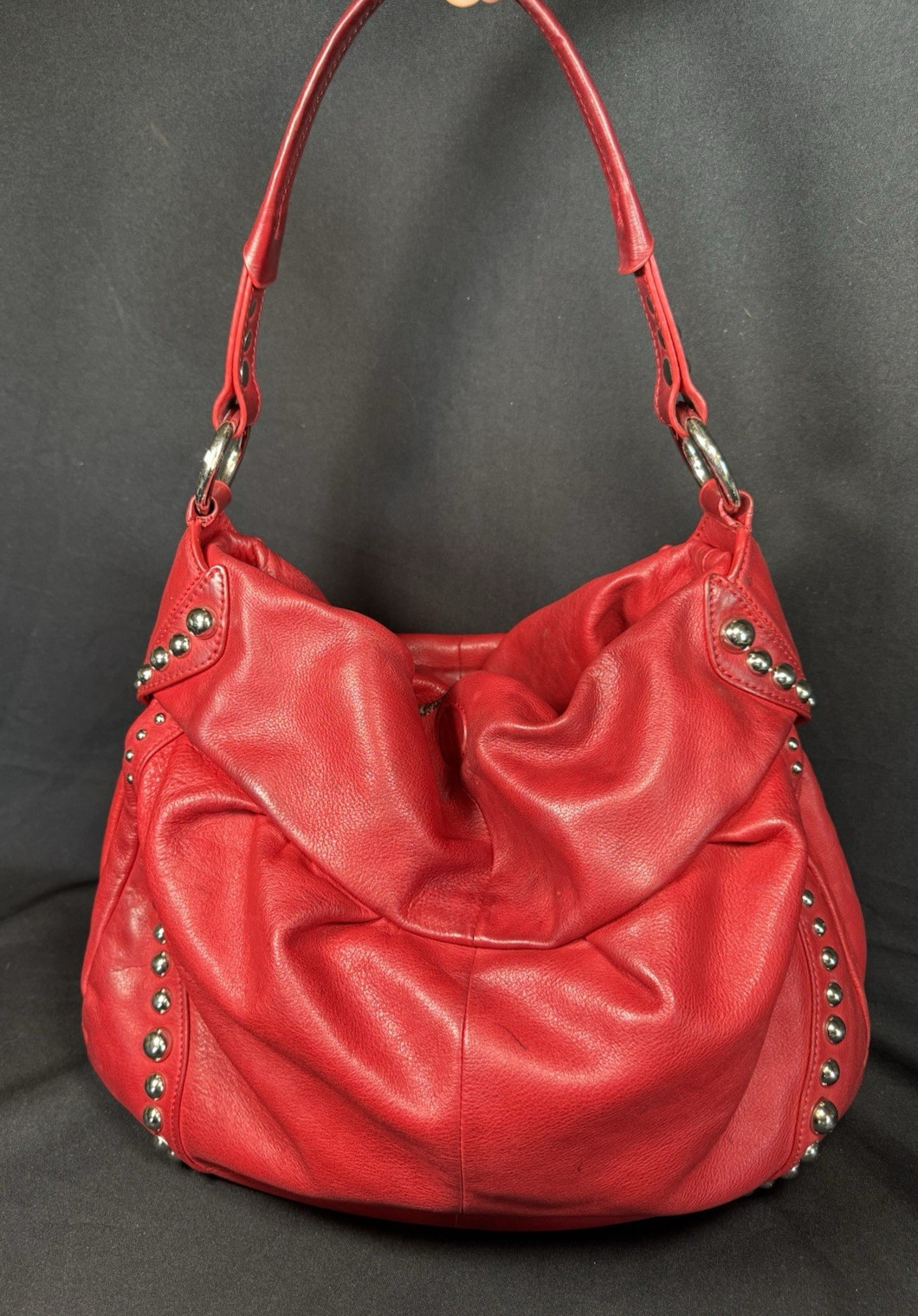 B Makowsky Red Leather Studded Hobo Shoulder Bag Purse Silver Hardware BOHO CHIC