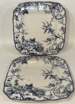 222 Fifth Adelaide Blue & White Square Dinner Plates 11'' 2pc Toile Bird Floral