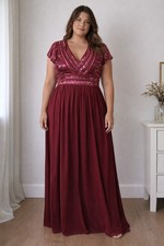 Sequin Formal Gown Dress Sz 14 JS Collection Deep Pink And Burgundy