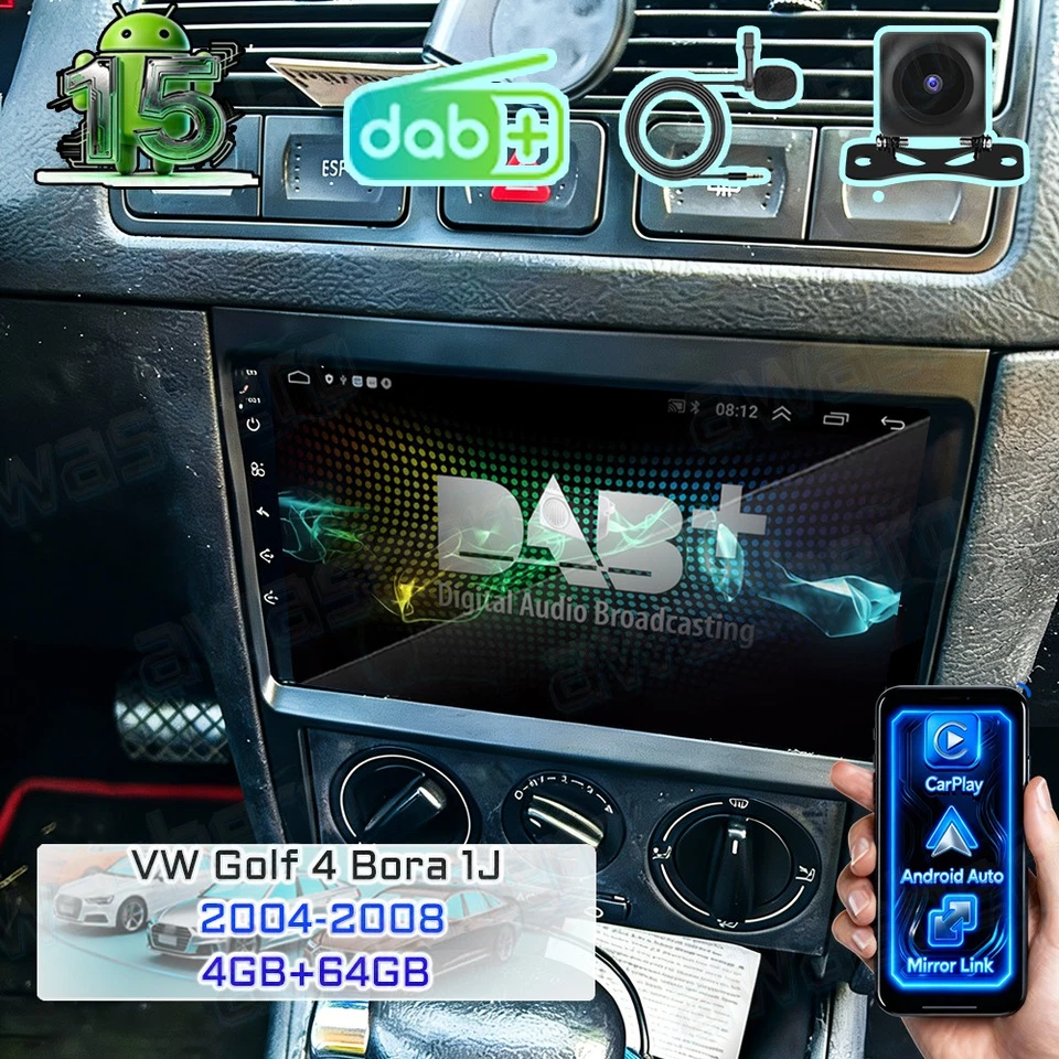 AWASHERO 4+64GB Android 15 Für VW Golf 4 Bora 1J Apple Carplay Autoradio GPS Navi BT DAB+