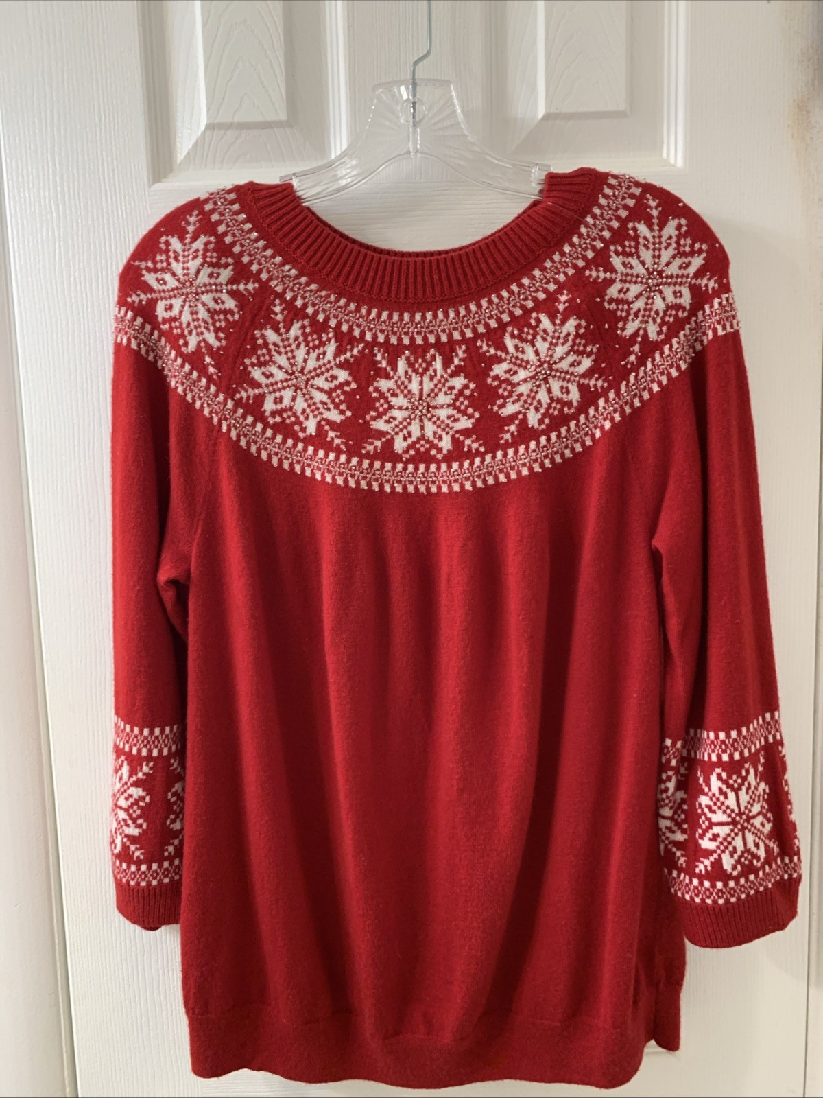 Festive Talbots Women's Sweater Size 1Xp Red Wool 3/4 Sleeve Alpine Ski Beaded