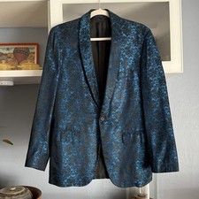 Vintage 60  s Blue Black Floral Jacquard Tuxedo Blazer Jacket 40  Chest