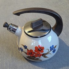 Vintage Kettle With Whistle. Floral On Cream Enamel. Rare Excellent Condition