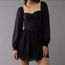 American Eagle Black Mini Dress Long Sleeve Corset Smocked Small Whimsigoth NWOT
