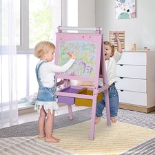 3-in-1 Kids Wooden Art Easel, Double-Sided, Paper Roll, Chalkboard, Pink