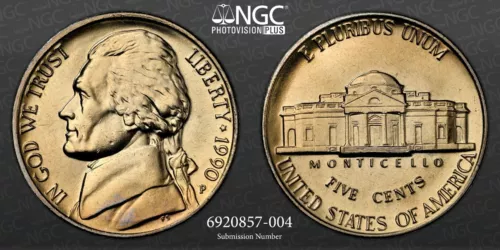 1990 P US Jefferson Nickel 5 Cents Coin NGC MS65 5FS