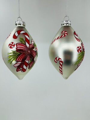 K & K Interiors 5.5  Silver Teardrop Ornament Candy Canes & Bows (Set of 2) 
