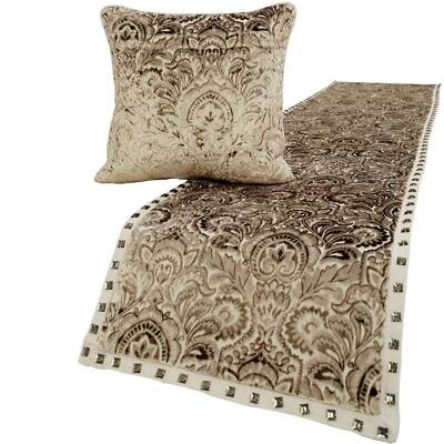 Decorative Queen Bed Runner Beige Velvet,Velvet Damask&Crystal Border-Henriretta