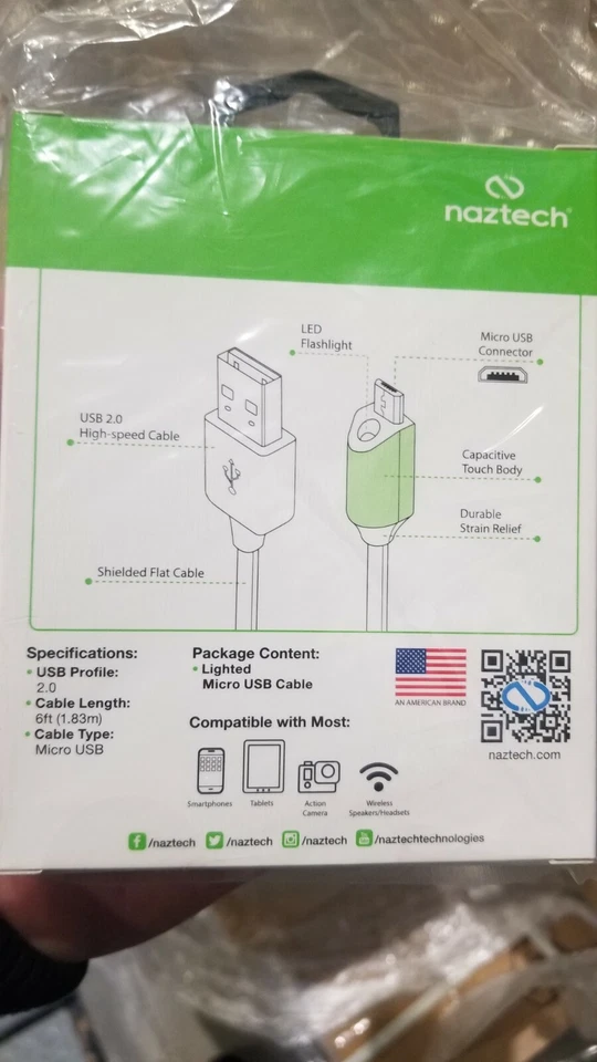 LOTE X 108 NAZTECH VERDE 6 pies Cable Micro USB ILUMINADO con Control Táctil Capacitivo Foto 3 de 4