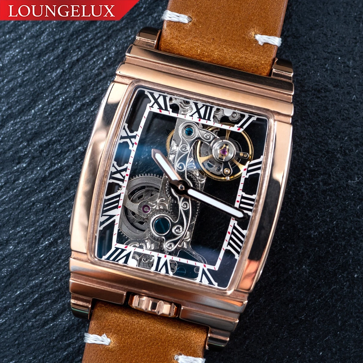 Mens Rose Gold Manual Mechanical Watch LT. Brown Oil Waxed Vintage