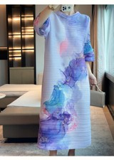 Fashion Printed Dress Long Loose Pleated Crew Neck Elegant Dress Gown