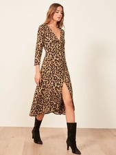 REFORMATION Leopard Animal Print ALMA Front Button Crepe V-Neck Dress 6 = S 🐆