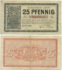 Höchst am Main koło Frankfurtu, 1 banknot geld 1917, herb, putten, 25 fenigów