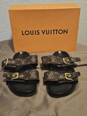 Louis Vuitton Bom Dia Brown Monogram Buckle Flat Mule Sandals