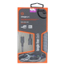 Ventev USB-C to USBC Braided Cable  3.2 ft Helix Coiled Cable Gray
