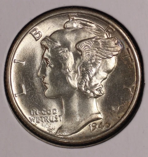 Mercury Silver Dime. 1940 P. FSB Gem Brilliant Uncirculated. Lot # 9049-54-12