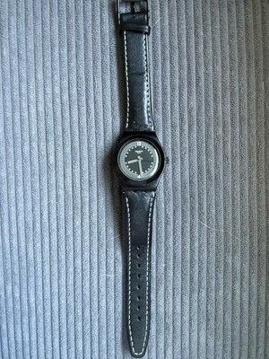 Swatch Irony Aluminium Watch Black Dial Wave Pattern Swiss Made Leather Strap