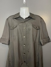 Tahari Arthur S Levine Dress Womens 14 Gray Button Front Shirt Knee Length