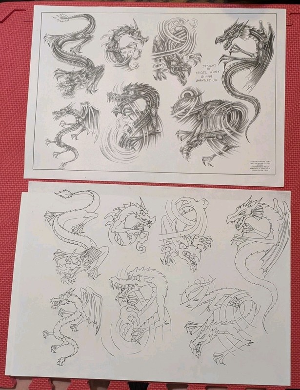 1999 Tattoo Flash W/ Line Drawing By Nigel Kurt 17"×12"