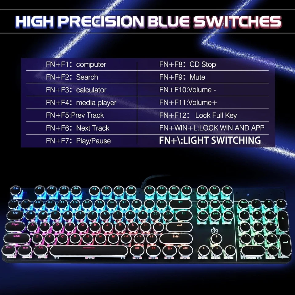 Vintage Style Blue Switch Gaming Keyboard with RGB Backlit - Image 4 of 4