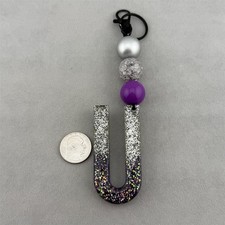 U Letter Initial Purple Silver Glitter Resin 5" Long Keychain Purse Charm 62776