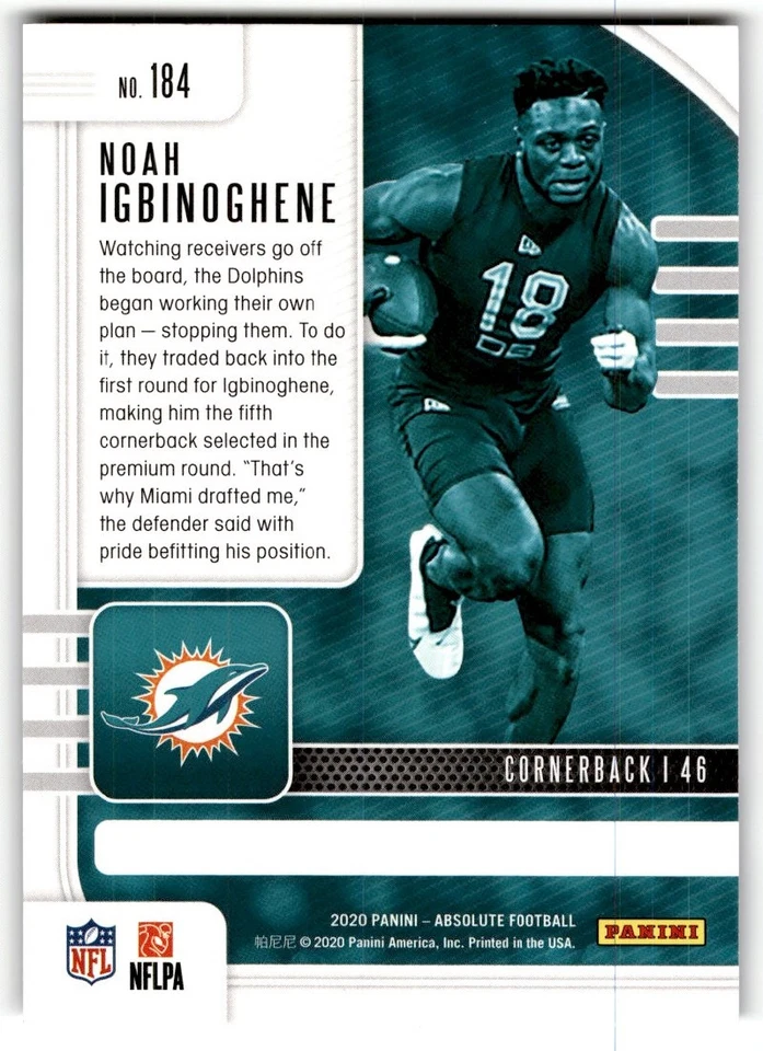 2020 Panini Absolute Noah Igbinoghene Rookie #184 Miami Dolphins - Image 2 of 2