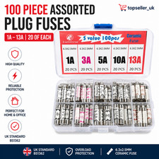 Box of 100 Assorted Plug Fuses 1A–13A- 20 Each Domestic Fuses for UK Appliances