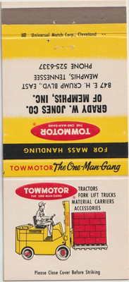 Grady W. Jones MEMPHIS, TENNESSEE Front Strike 30-Stick Matchbook Cover Towmotor