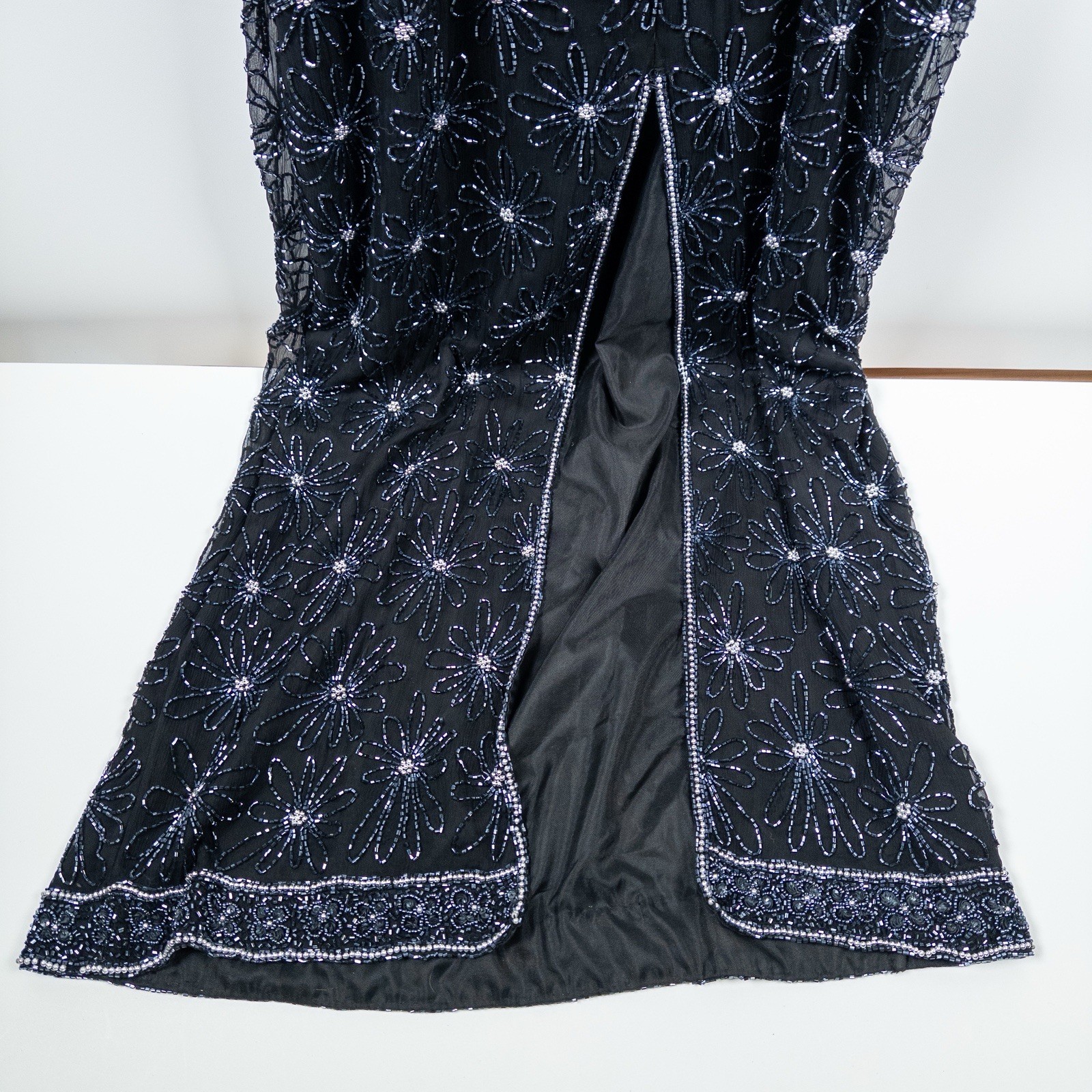 Papell Boutique Evening Womens 12 Black Beaded Silk Slip Gown Formal Dress