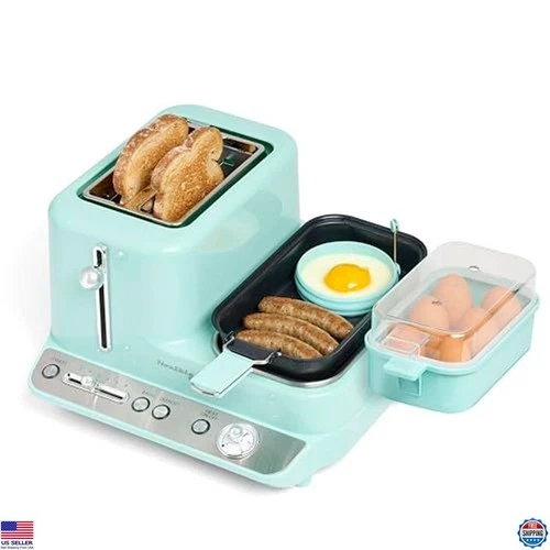 Retro 3-in-1 Breakfast Station with Egg Steamer, Griddle & Toaster - Versatile