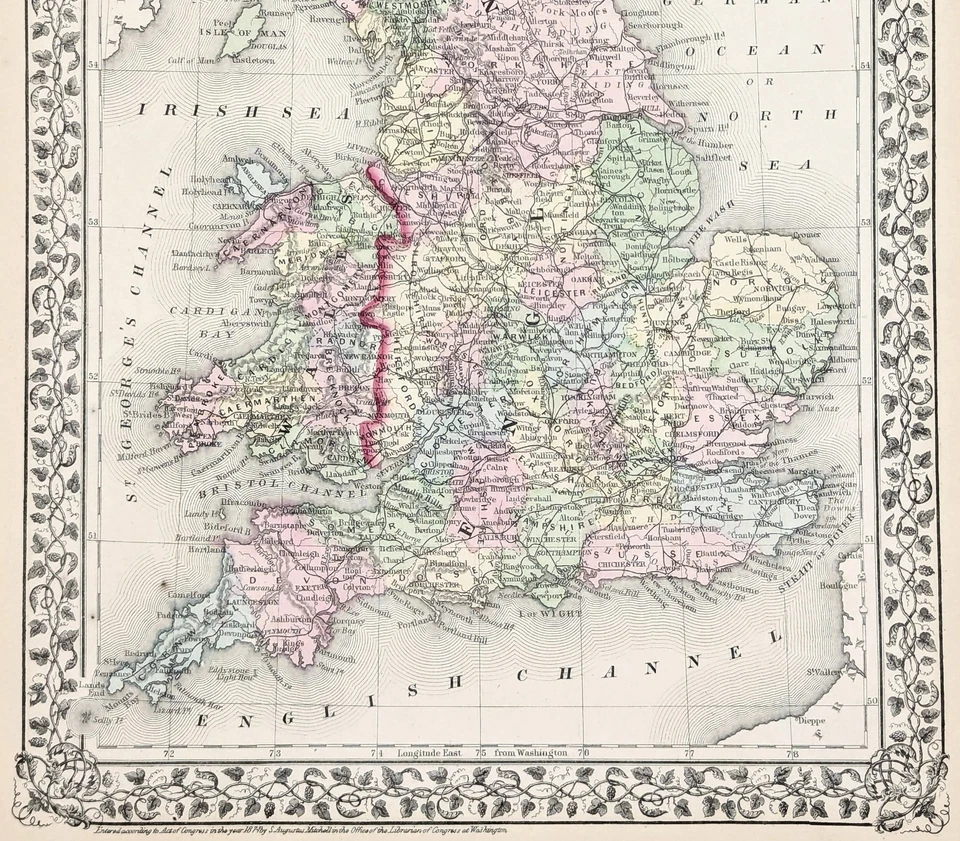 1875 INGLATERRA - GALES Mapa ORIGINAL S.A. Mitchell (13x10,5) LONDRES - Liverpool Foto 2 de 4