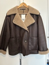 Zara Brown Faux Shearling Fur Lapel Collar Aviator Jacket Size S