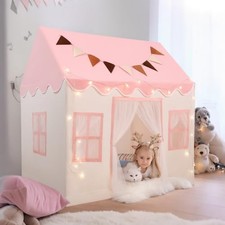 Kids Play Tent with Non-Slip Mat, Star String, Decorating Flag, Machine Pink