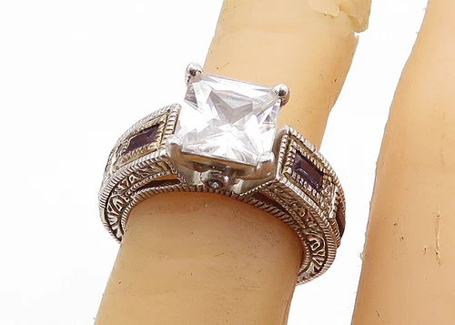 925 Silver  Vintage Cubic Zirconia & Garnet Solitaire Accent Ring Sz 6  RG6177