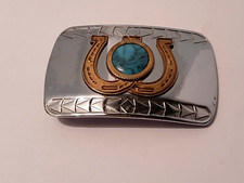 Vintage 70s Western Horseshoe Nickel Silver Belt Buckle Turquoise Colored Stone