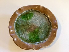 Crackle Glass Pottery Trinket Dish Made In The USA Stoneware Green