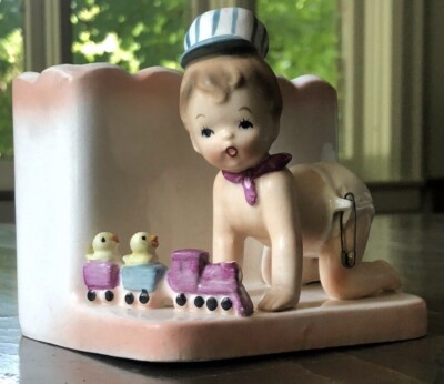 Vintage Relpo 1254 Planter Baby Boy Playing w/ Train Safety Pin Nursery MCM 