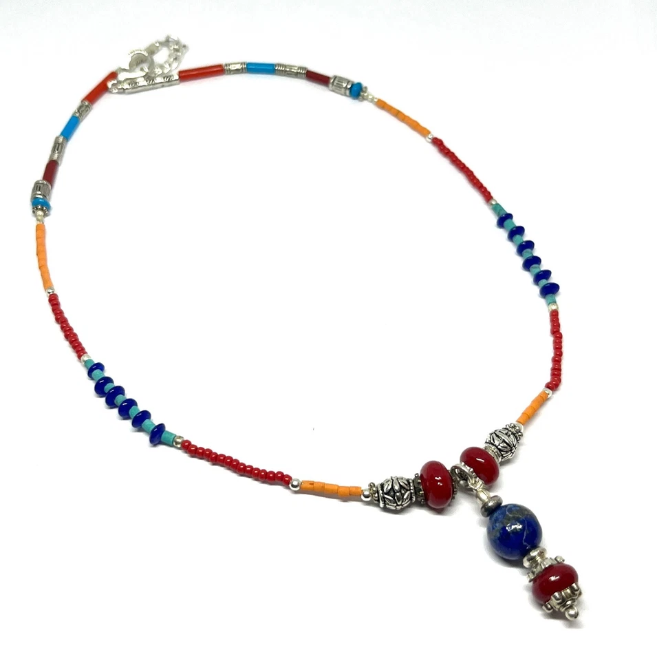 Lapis, Coral Gemstone Tibetan 925 Sterling Silver Necklace Jewelry 18" adjust - Image 2 of 4
