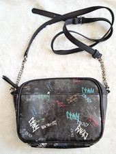 Borsa a tracolla unica vintage Y2K DKNY graffiti catena nera cinturino regolabile RARA