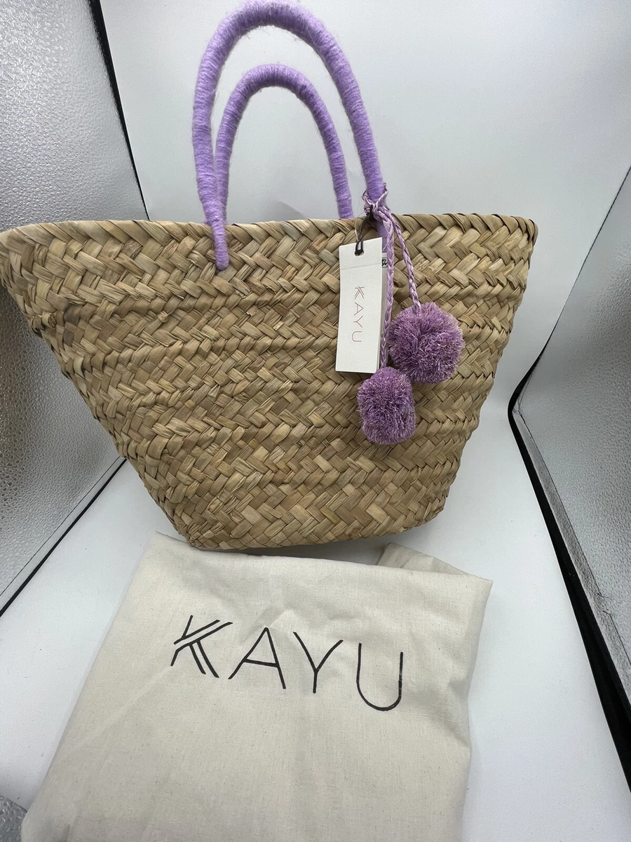 Kayu Saint Tropez Tote Handmade Weaved Straw Orchid Pom Pom Basket Bucket NWT