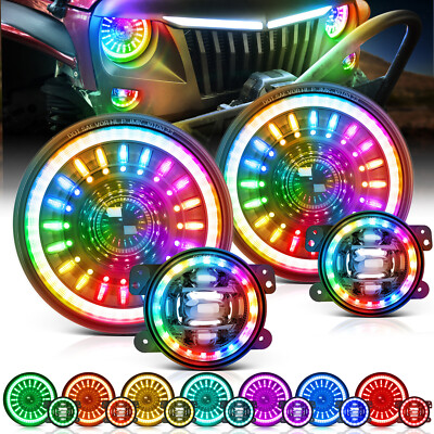 MICTUNING J1 RGB+IC 7-inch LED Headlights w/Fog Light Assembly Fit Jeep Wrangler