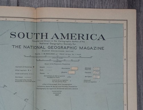 1937 South America Map National Geographic Vintage Wall Map 26x37" 1930's
