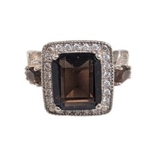 925 Sterling Silver Smokey Quartz  White Topaz Ring Size 7.75
