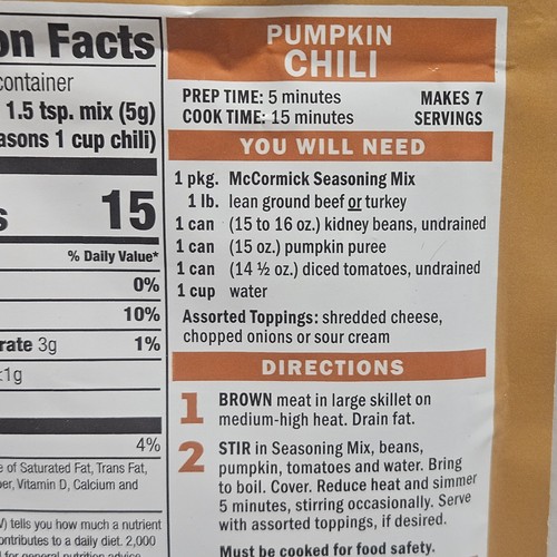 McCormick Pumpkin Chili Edición Limitada Sabores Festivos Exp 4/27 Paquete de 1.25 OZ - Imagen 5 de 7